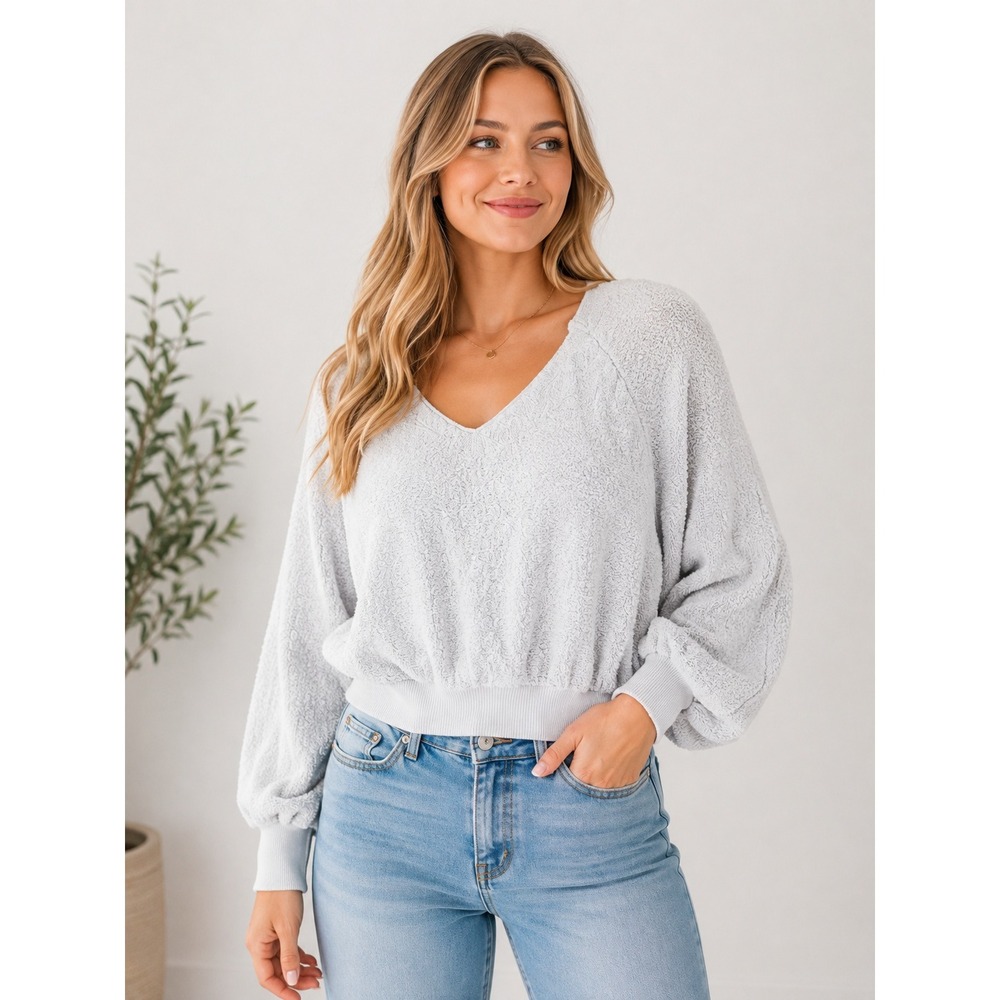 Free People Found My Friend V-Neck Pullover Sweater Light Blue Textured M